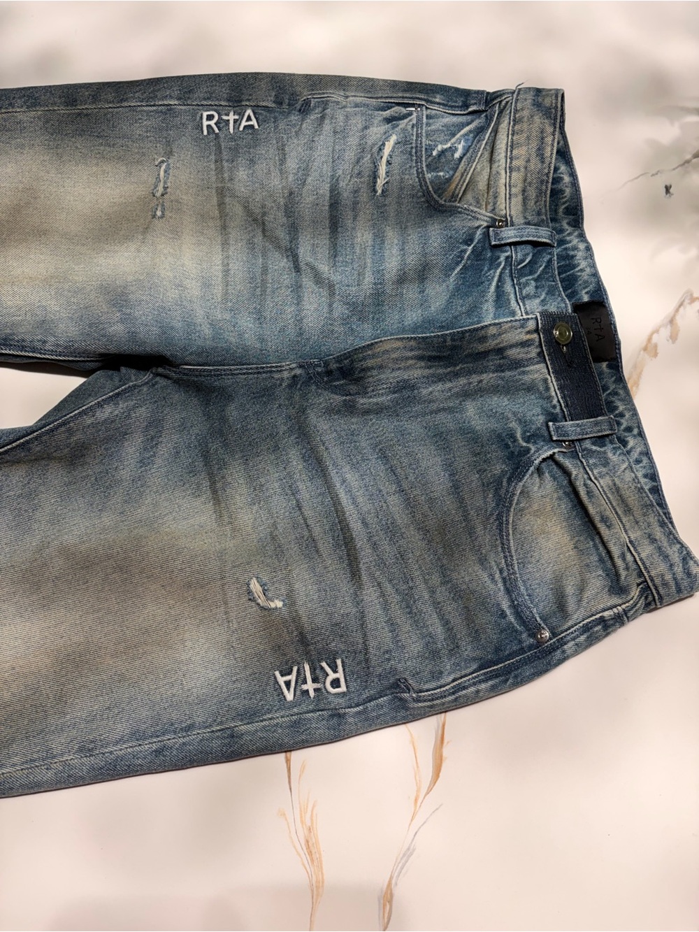 RtA Men's Faded Grunge Blue Slim Flare Jeans with Subtle Distress Size 34x32